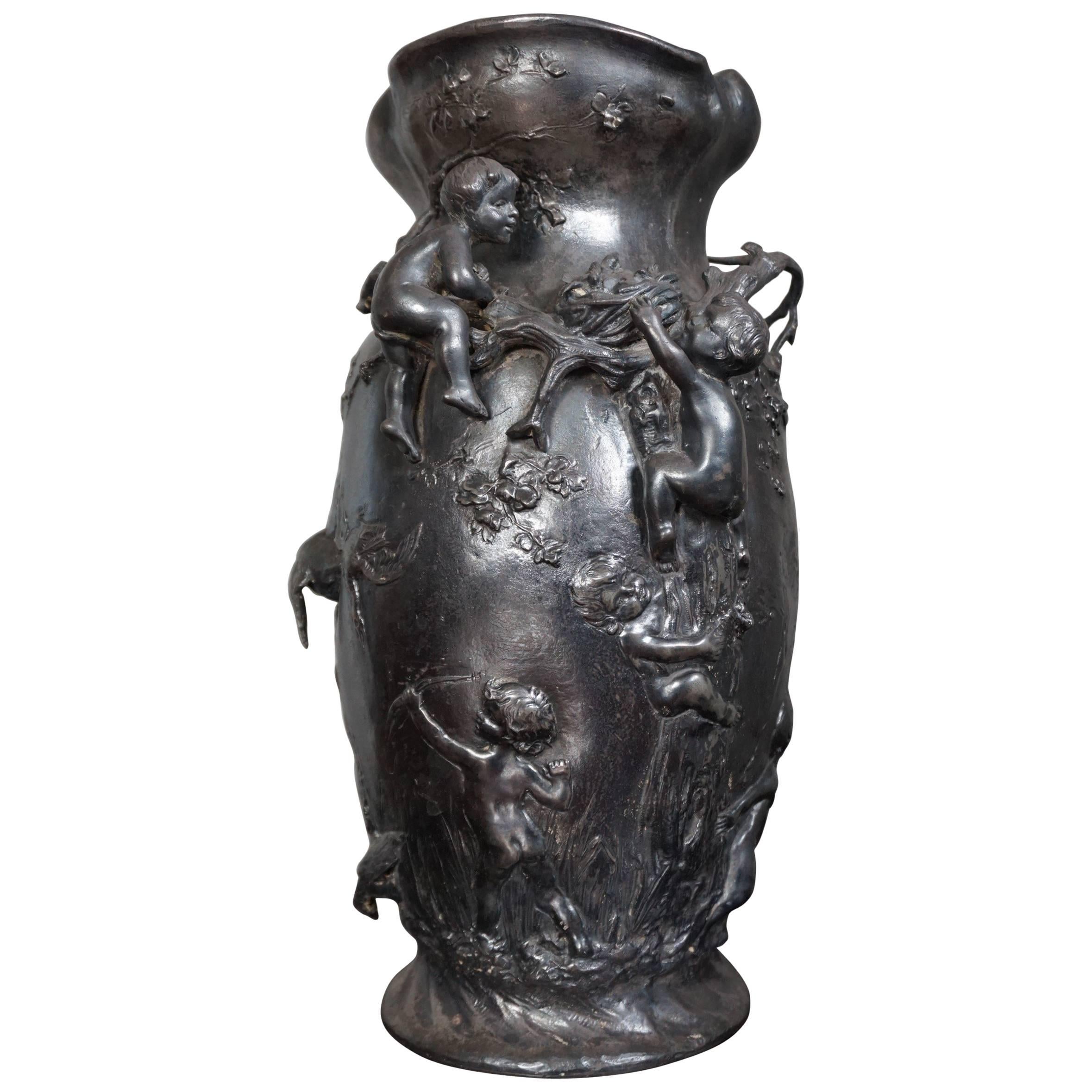 Amazing Workmanship Antique Pewter Vase Cherubs Exploring and Hunting Nature