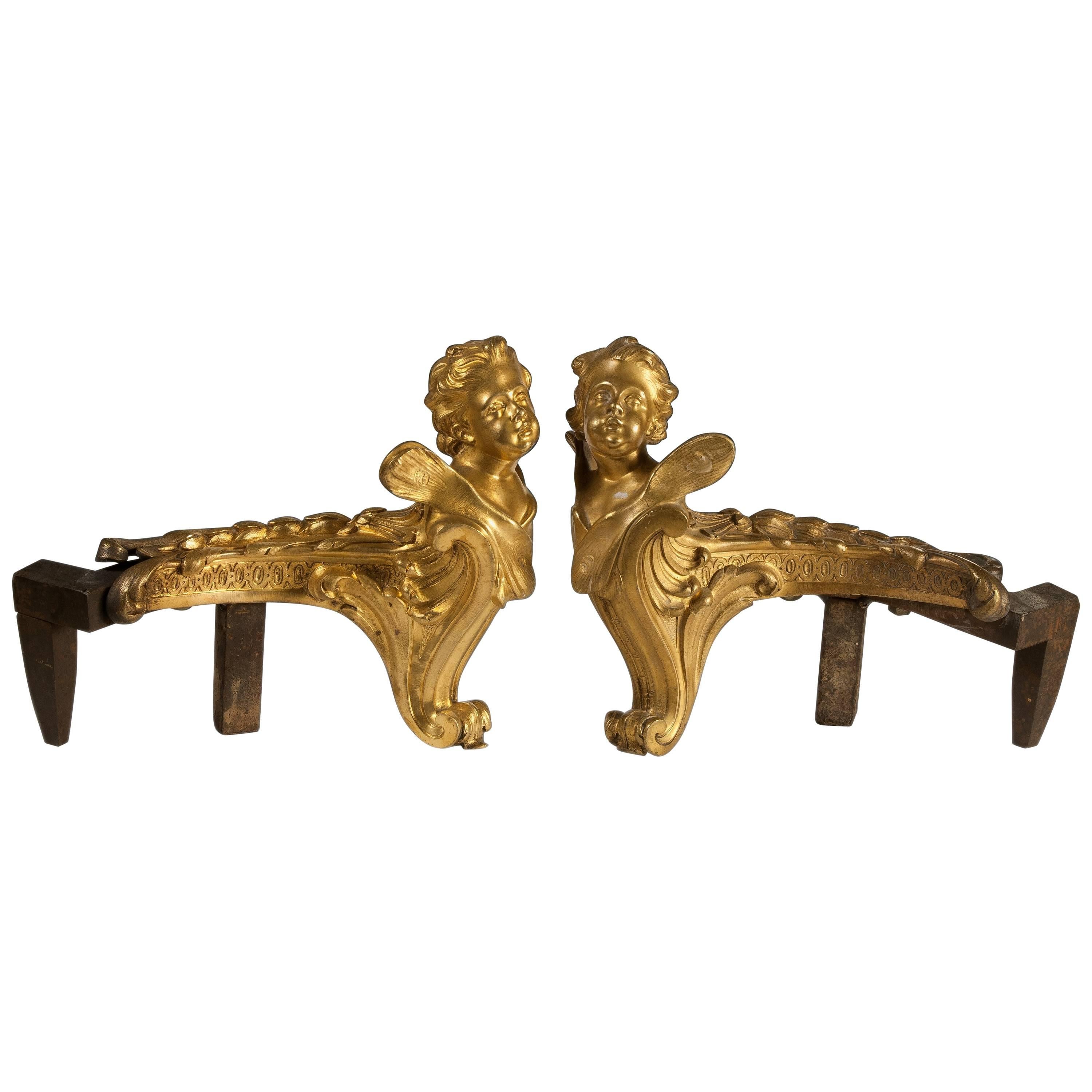 Paar Feuerböcke aus vergoldeter Bronze und Eisen, Frankreich, 19. Jahrhundert 