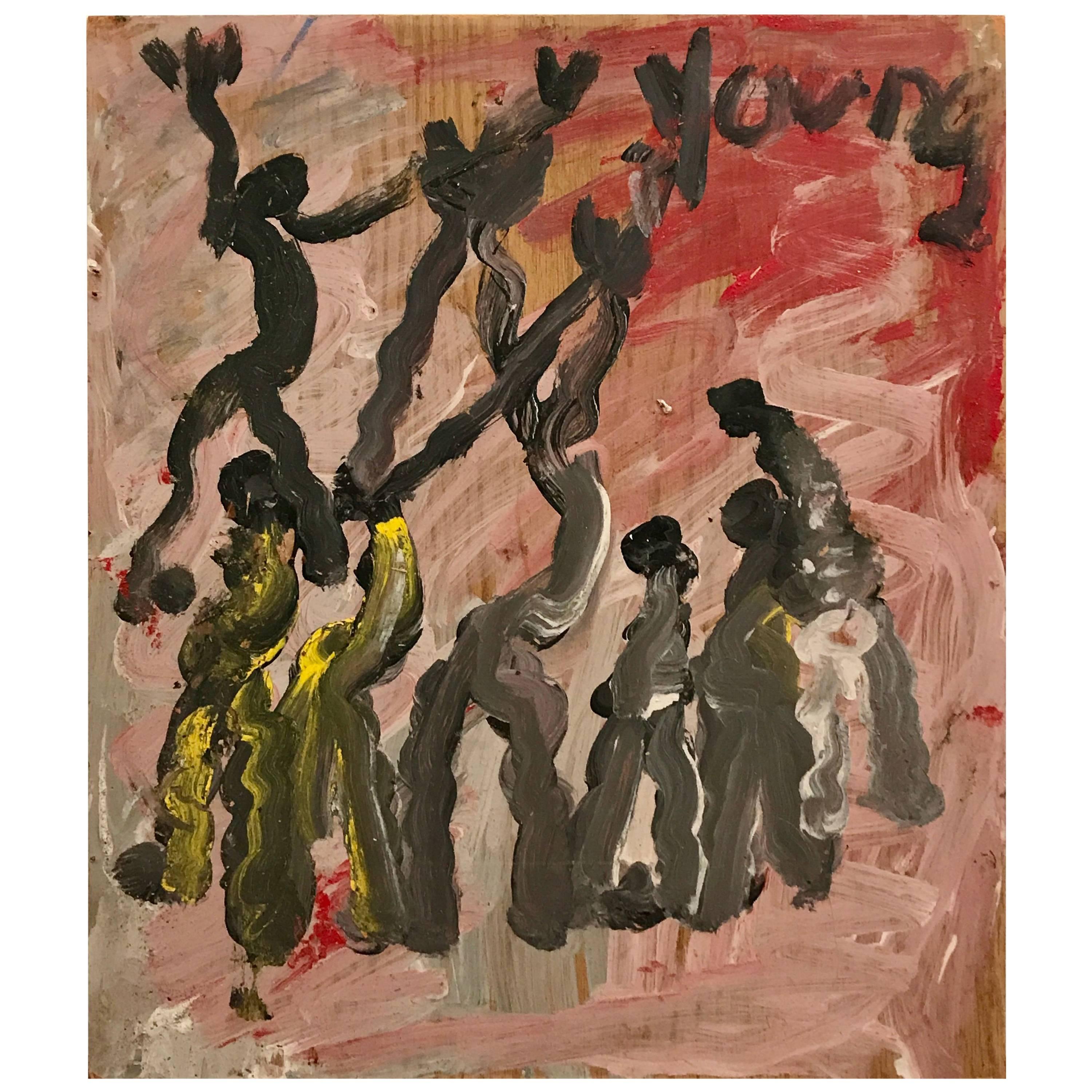 Purvis Young Modernist Abstract Painting of Modern Dancers on Board