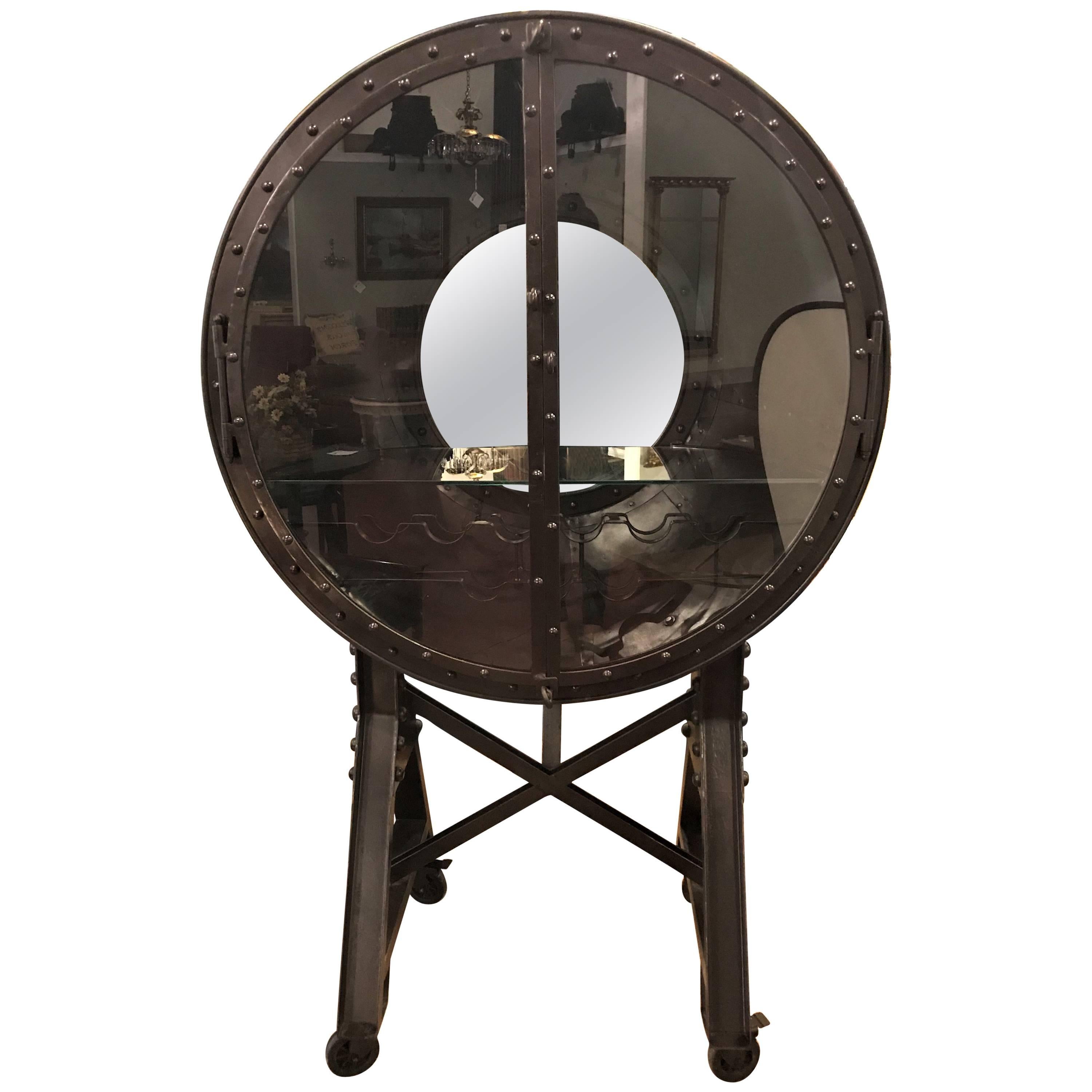 Large and Impressive Industrial Ships Port Hole Bar Cabinet with Mirrored Back