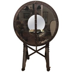 Vintage Large and Impressive Industrial Ships Port Hole Bar Cabinet with Mirrored Back