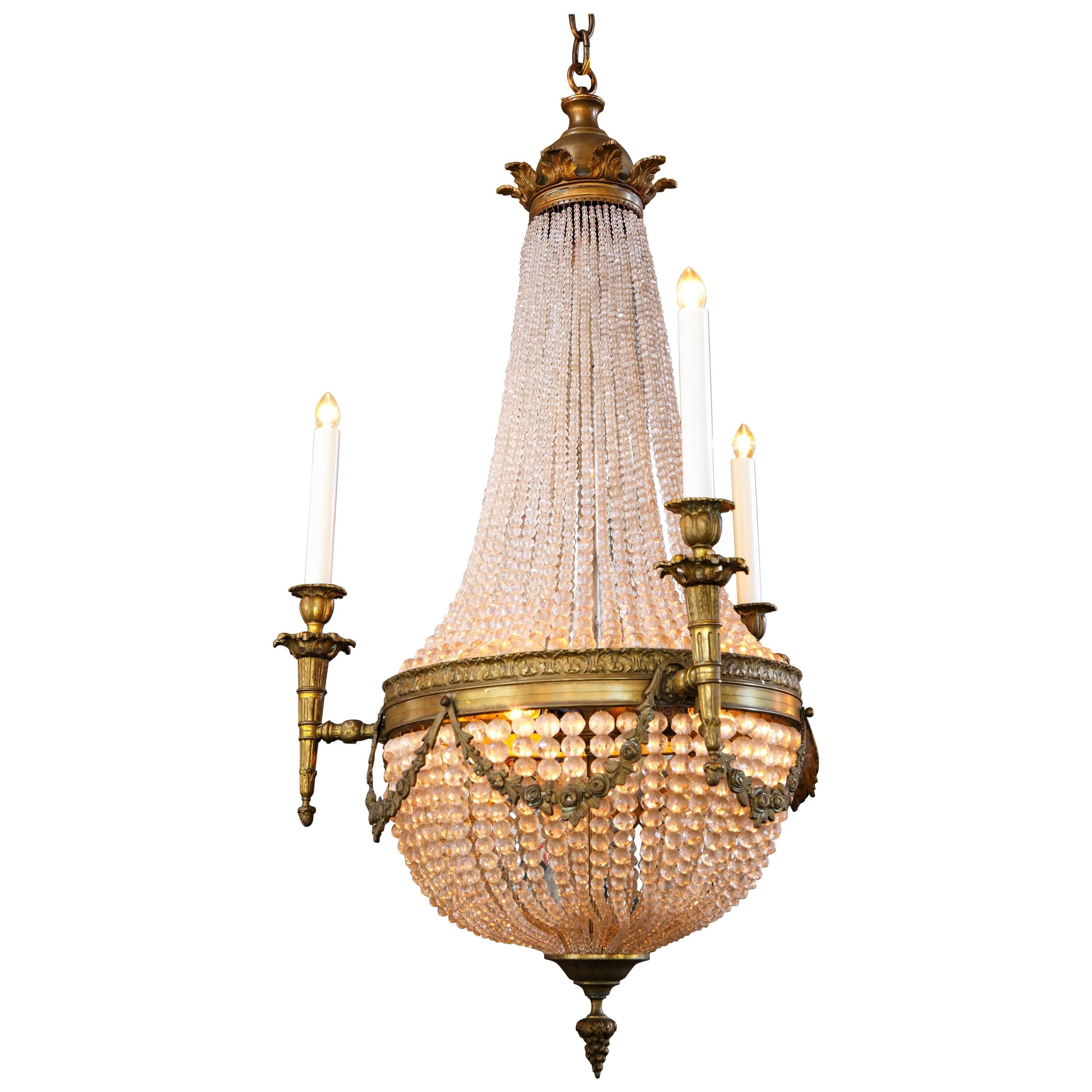 French Bronze and Crystal Antique Empire Chandelier with Six Lights, circa 1890