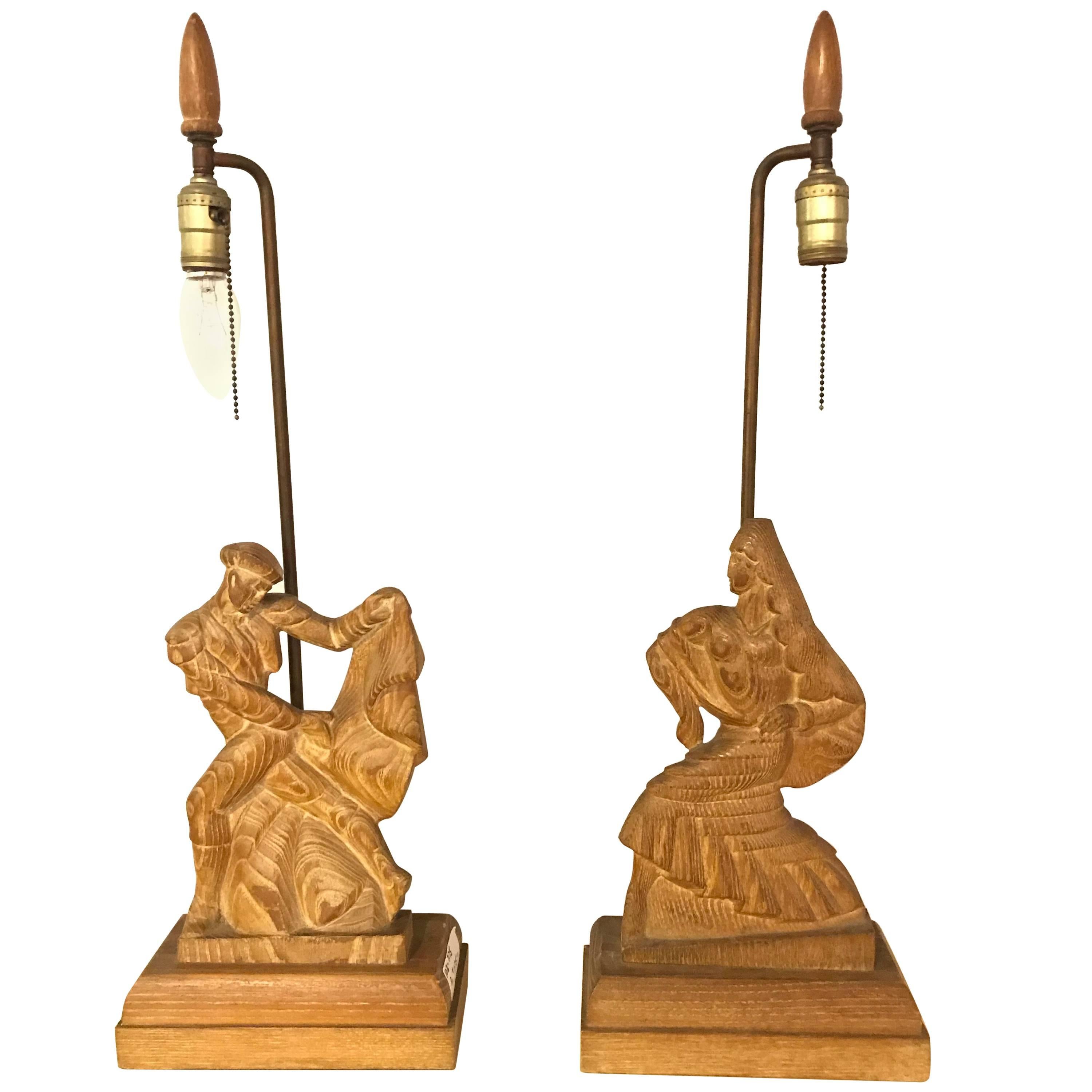 Pair of Art Deco Style Pickled Finish Wood Carved Table Lamps
