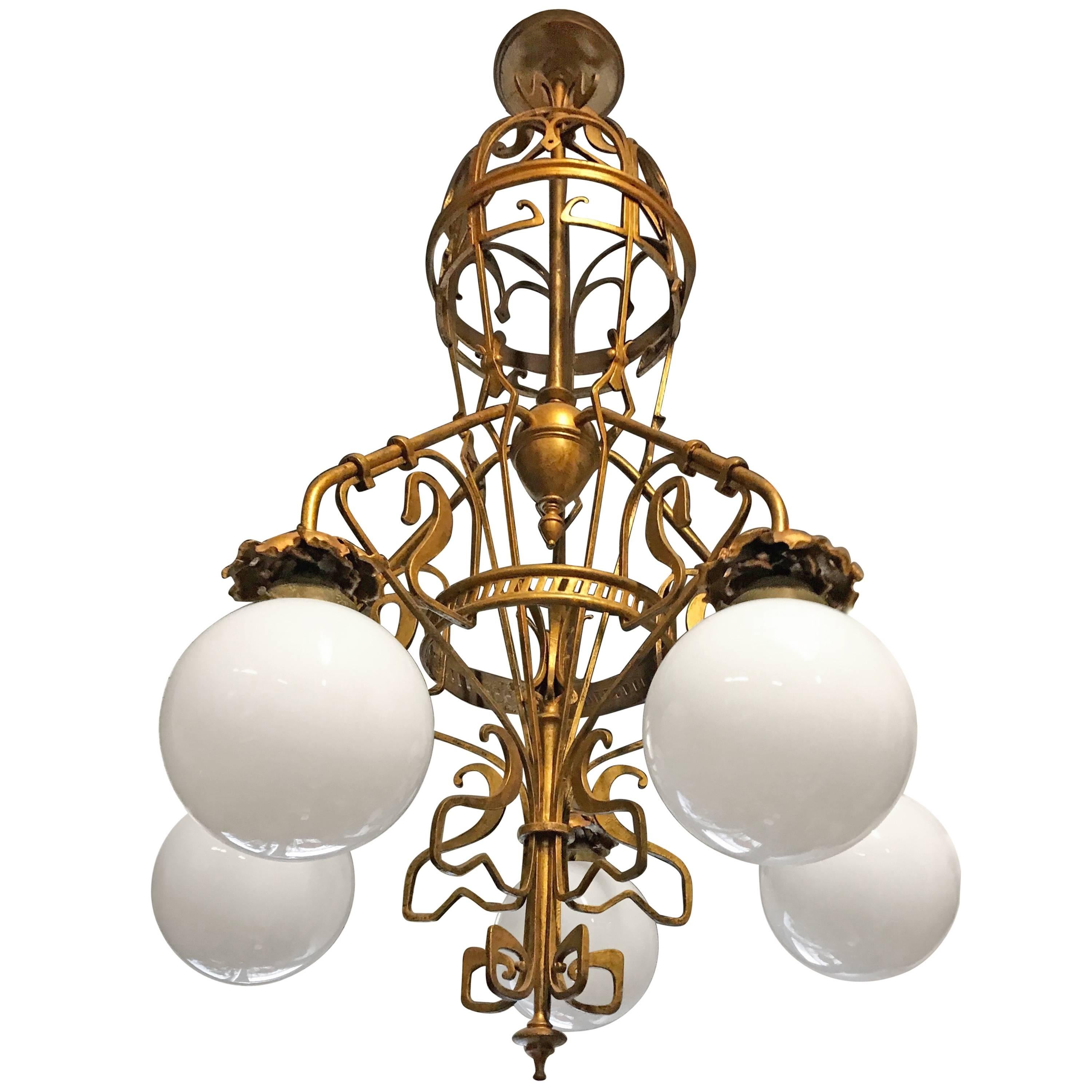 Large Art Nouveau Wrought Iron and Brass Chandelier Gustave Serrurier-Bovy Style