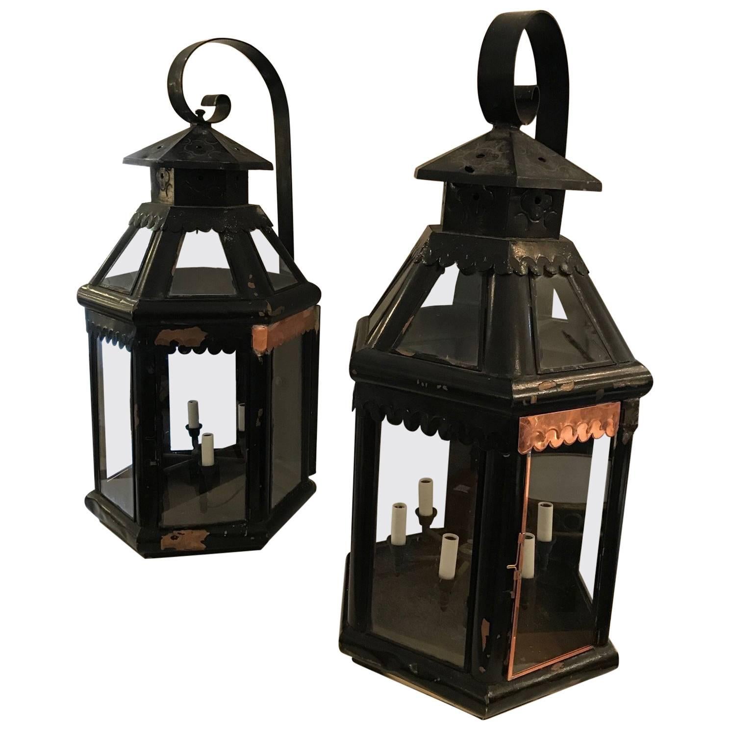 Monumentally Large Pair of Antique Copper Painted Lanterns