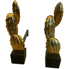 Fabulous Brass Andirons with Cactus Motife