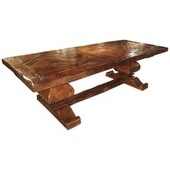 Large French Oak Dining Table with Parquet Top and Fleur De Lys Corners