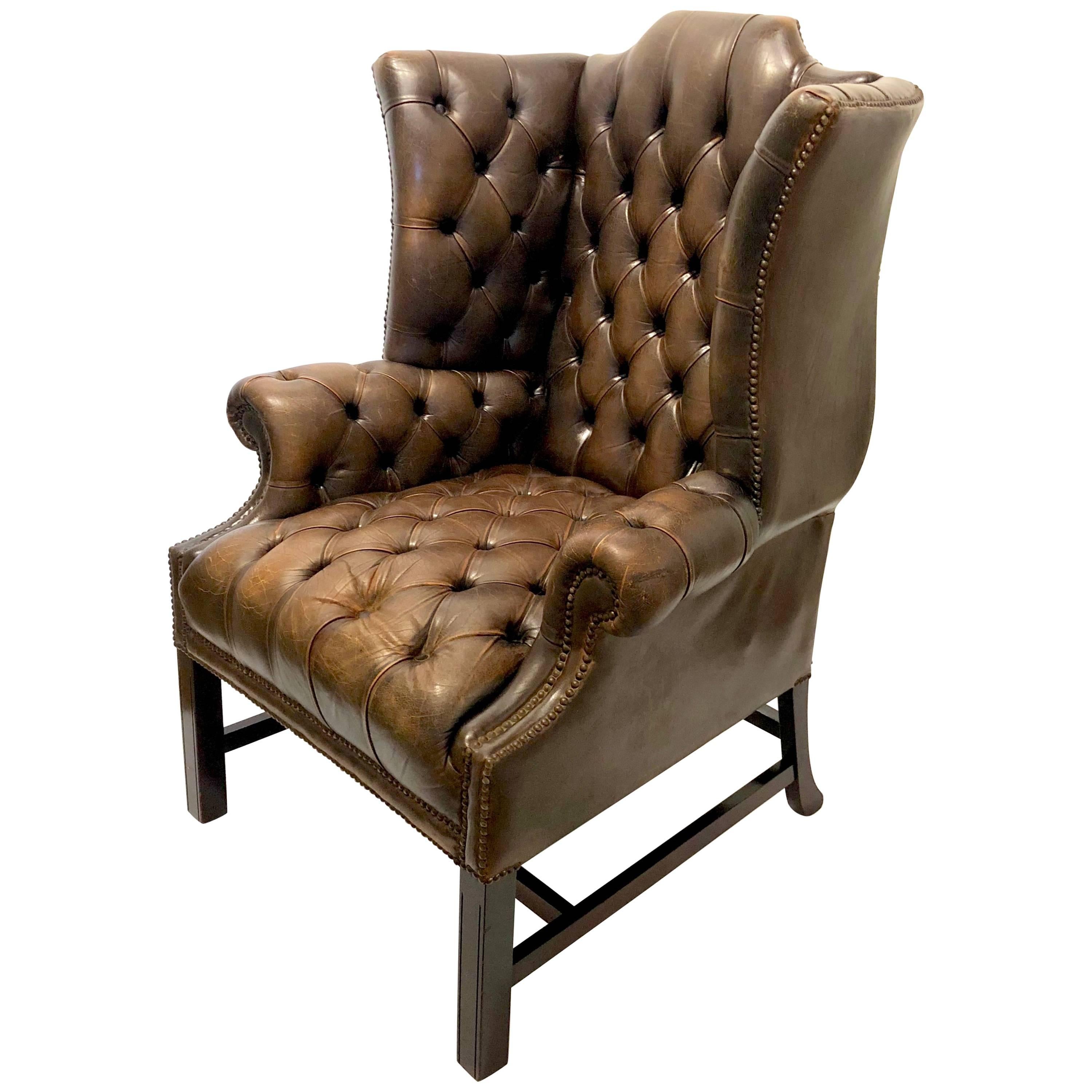 Antique Chesterfield Tufted Distressed Leather Tall Wingback Chair in Brown