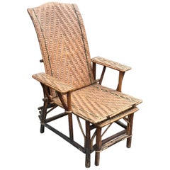 Antique Rattan and Wood Deck Chair or Lounge Chair