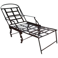 Retro Victorian Folding Iron Campaign Lounge Chair