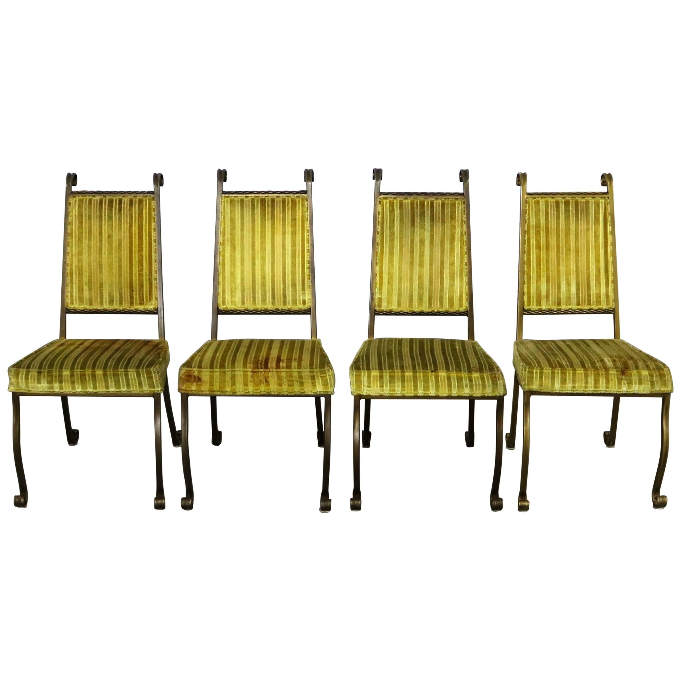Four Hollywood Regency Wrought Iron Dining Chairs by Swirl Craft of Sun Valley For Sale