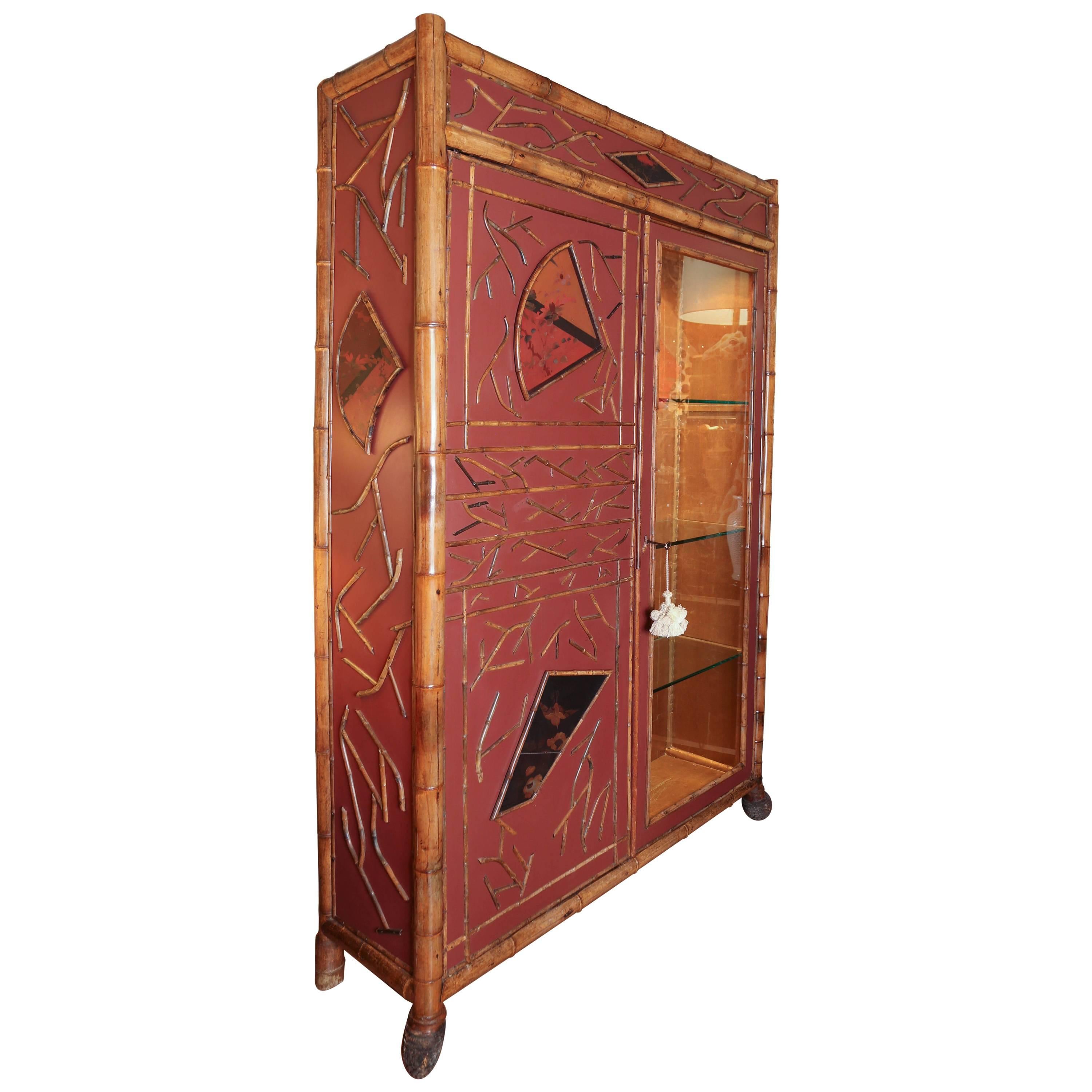 Antique Regency Style Red Lacquer and Bamboo Cabinet