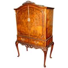 Superb Old English Burr Walnut and Hand-Carved Georgian Style Drinks Cabinet