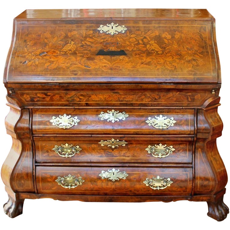 Antique 18th Century Dutch Marquetry Inlaid Burr Walnut Bombe Slope-Front Bureau For Sale