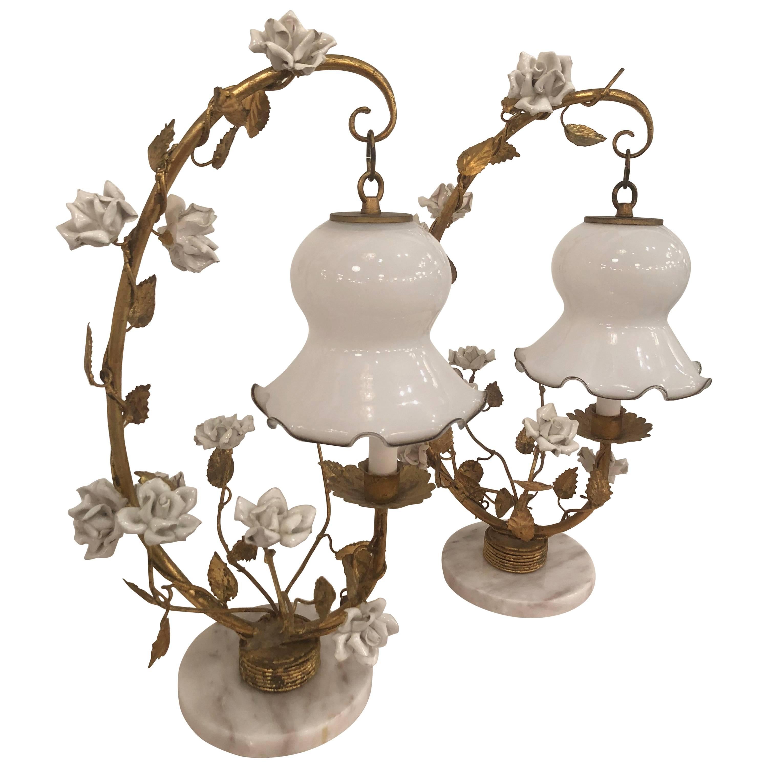 Pair of White Rose and Gold Gilt Italian Tole Table Lamps Lanterns