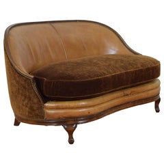 French Walnut Louis XV Style Settee Upholstered in Leather and Velvet