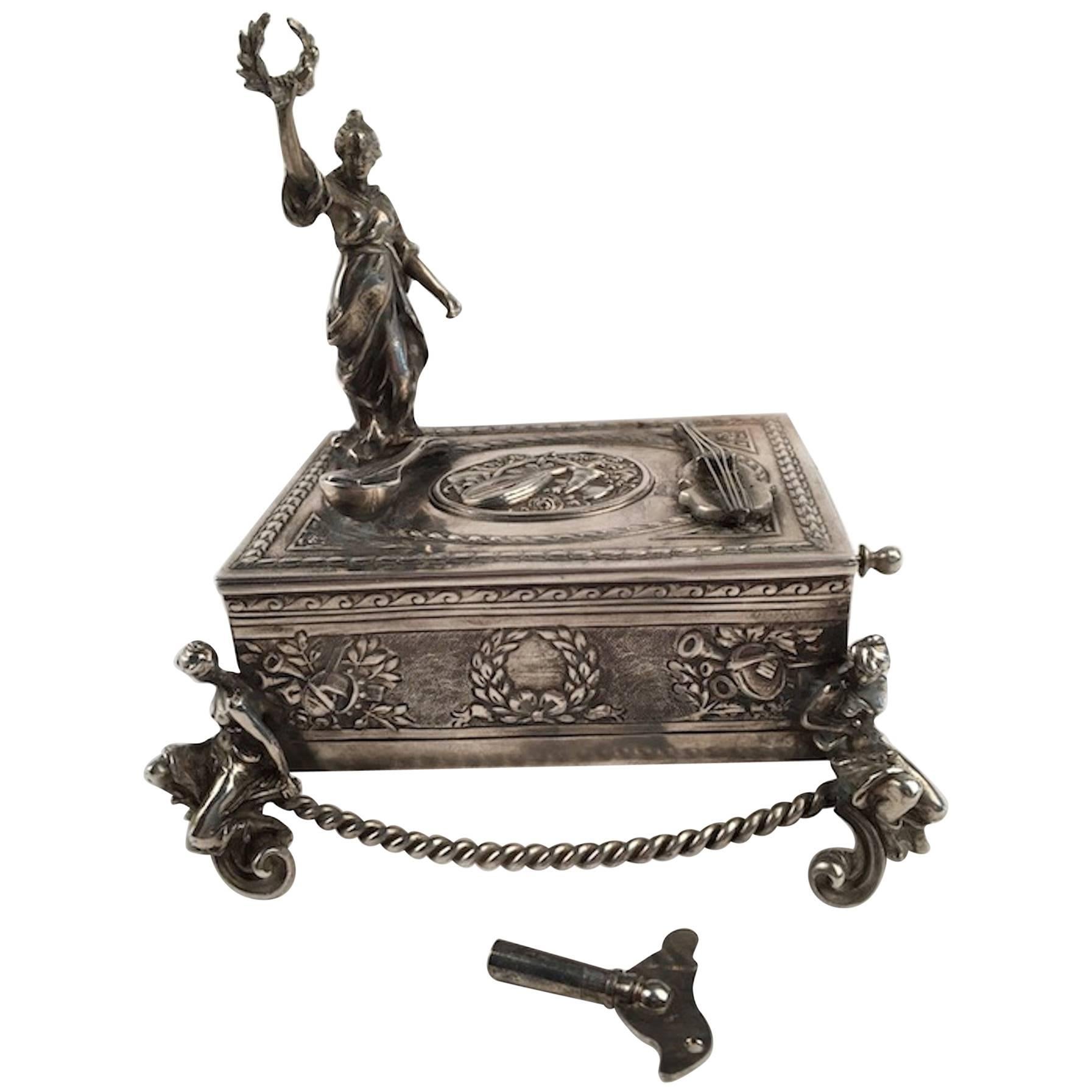 Silver Bird Box with Woman Holding a Wreath For Sale