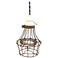Industrial Porcelain and Steel Wire Cage Pendant Light
