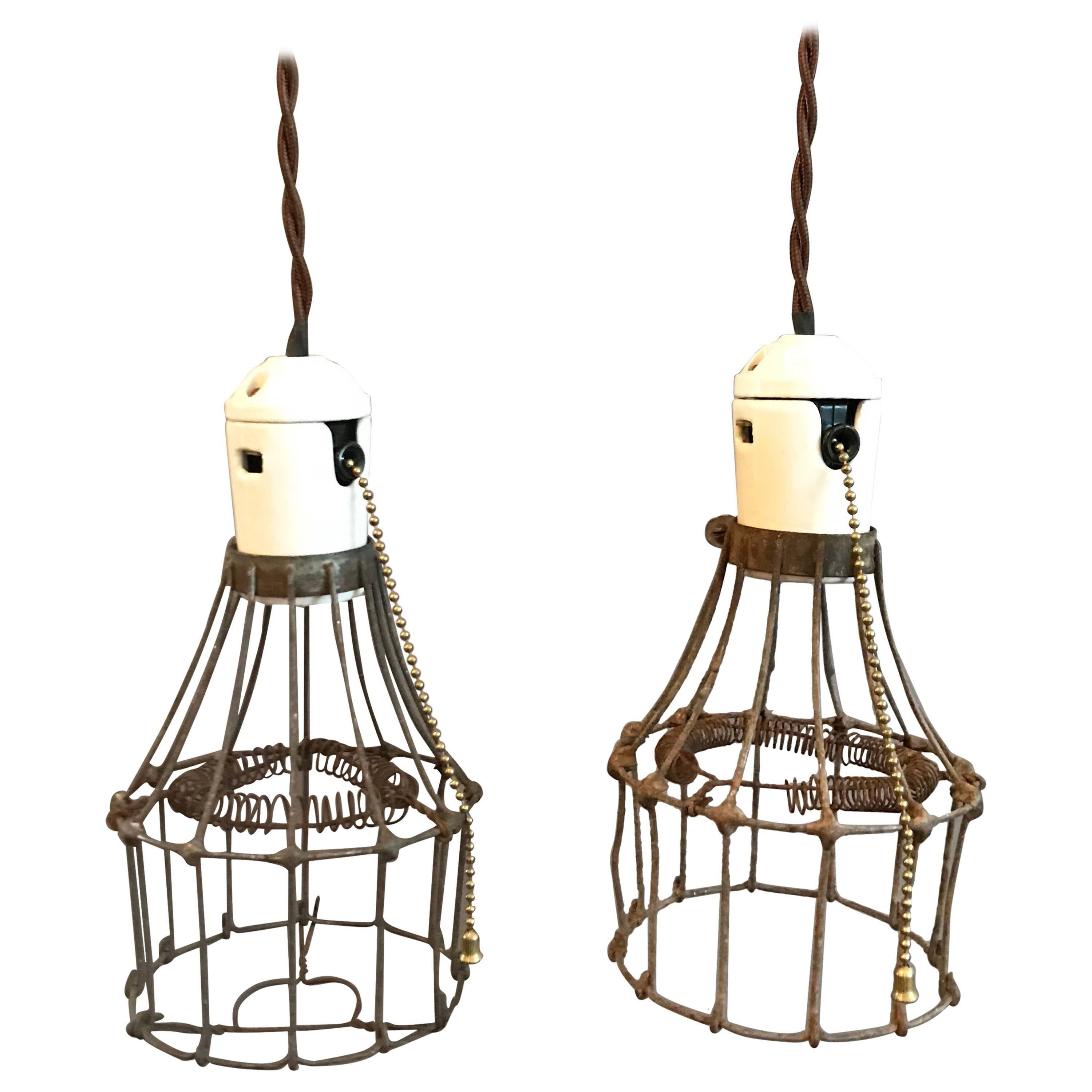 Industrial Porcelain and Steel Wire Cage Pendant Lights