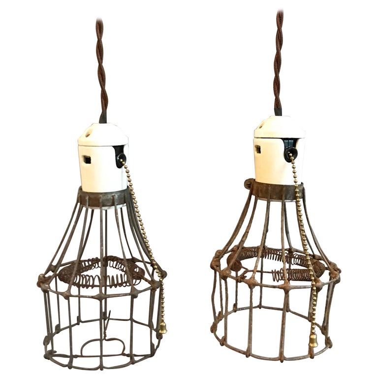 Industrial Porcelain and Steel Wire Cage Pendant Lights For Sale