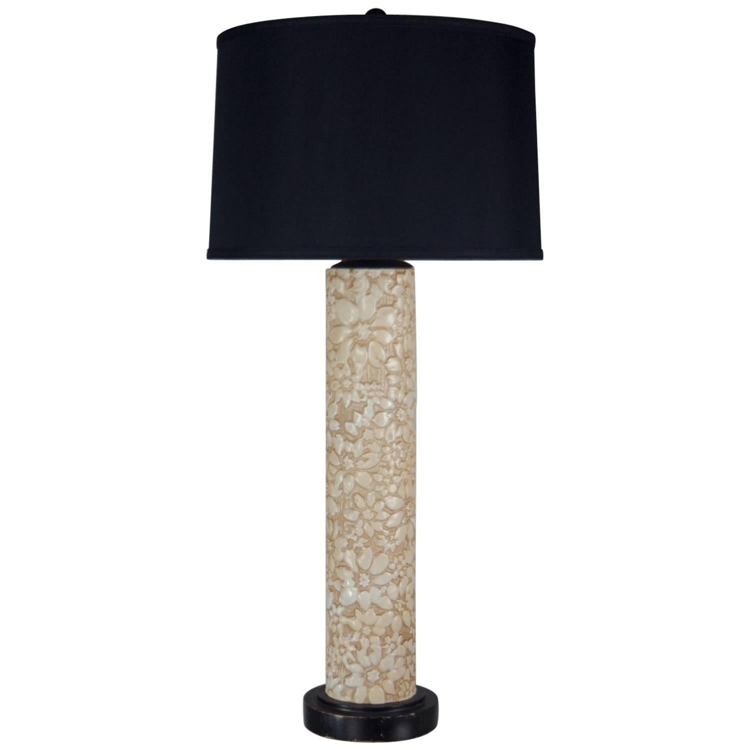 Ivory Ceramic Embossed Flower Table Lamp with Black and Gold Shade For Sale