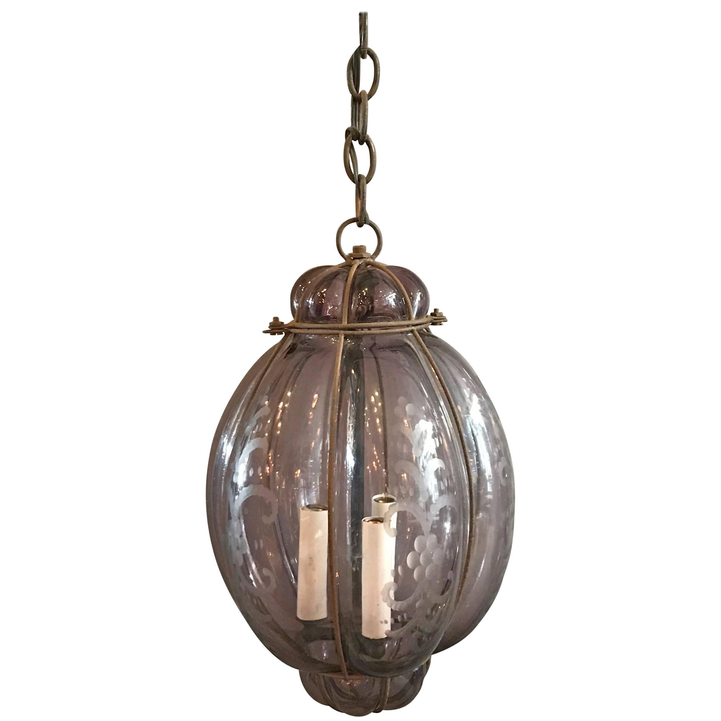 Italian Handblown Caged Amethyst Murano Glass Pendant Light