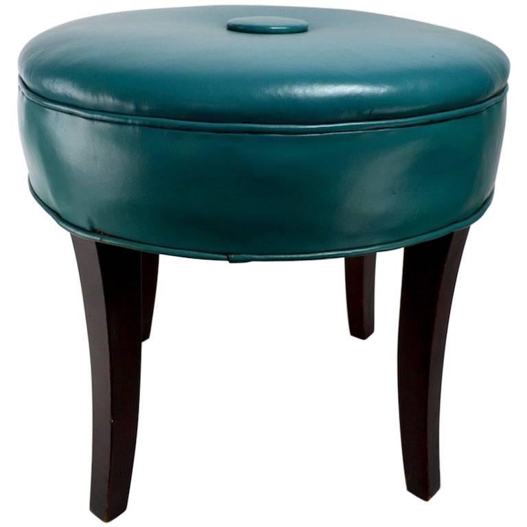Vanity Stool Pouf in Original Turquoise Leather Upholstery