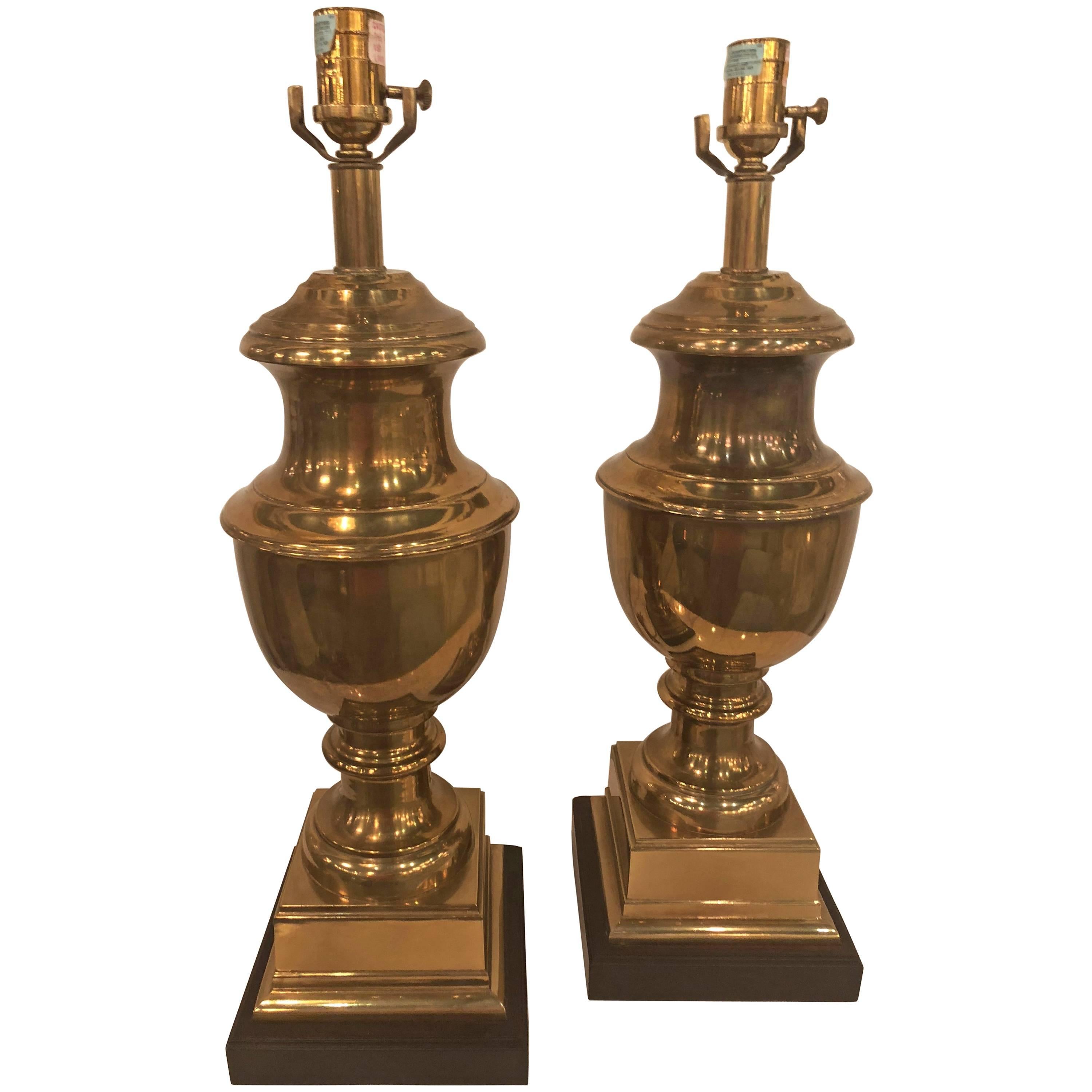 Vintage Pair of Ethan Allen Brass Urn Table Lamps Hollywood Regency