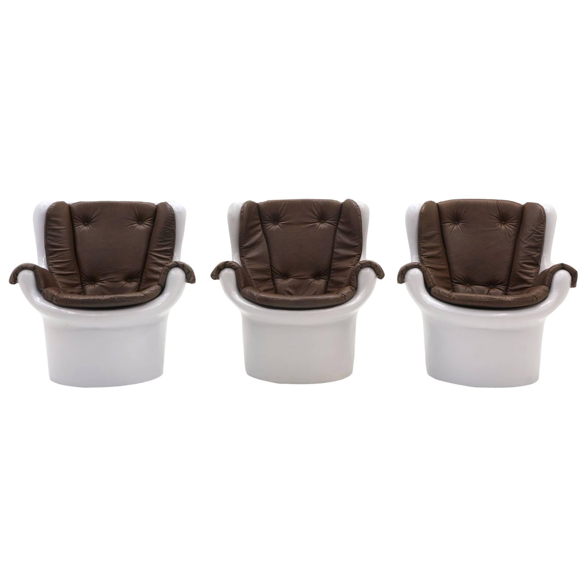 Mod Molded White Plastic, Chocolate Vinyl Lounge Chairs, 1970s. ONE AVAILABLE! For Sale