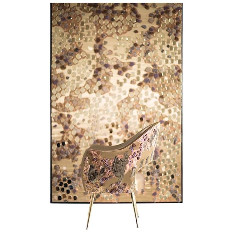  Hand Crafted Embroidered Textile Tapestry Fibre Art  Gold Mirrors and Goldwork For Sale
