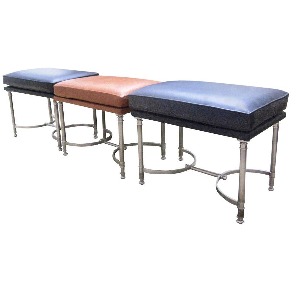 Three Chrome and Leather Benches Attributed to Maison Jansen For Sale