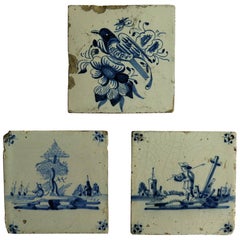 Three 18th Century Delft Blue and White Ceramic Wall Tiles, Two Views and Bird