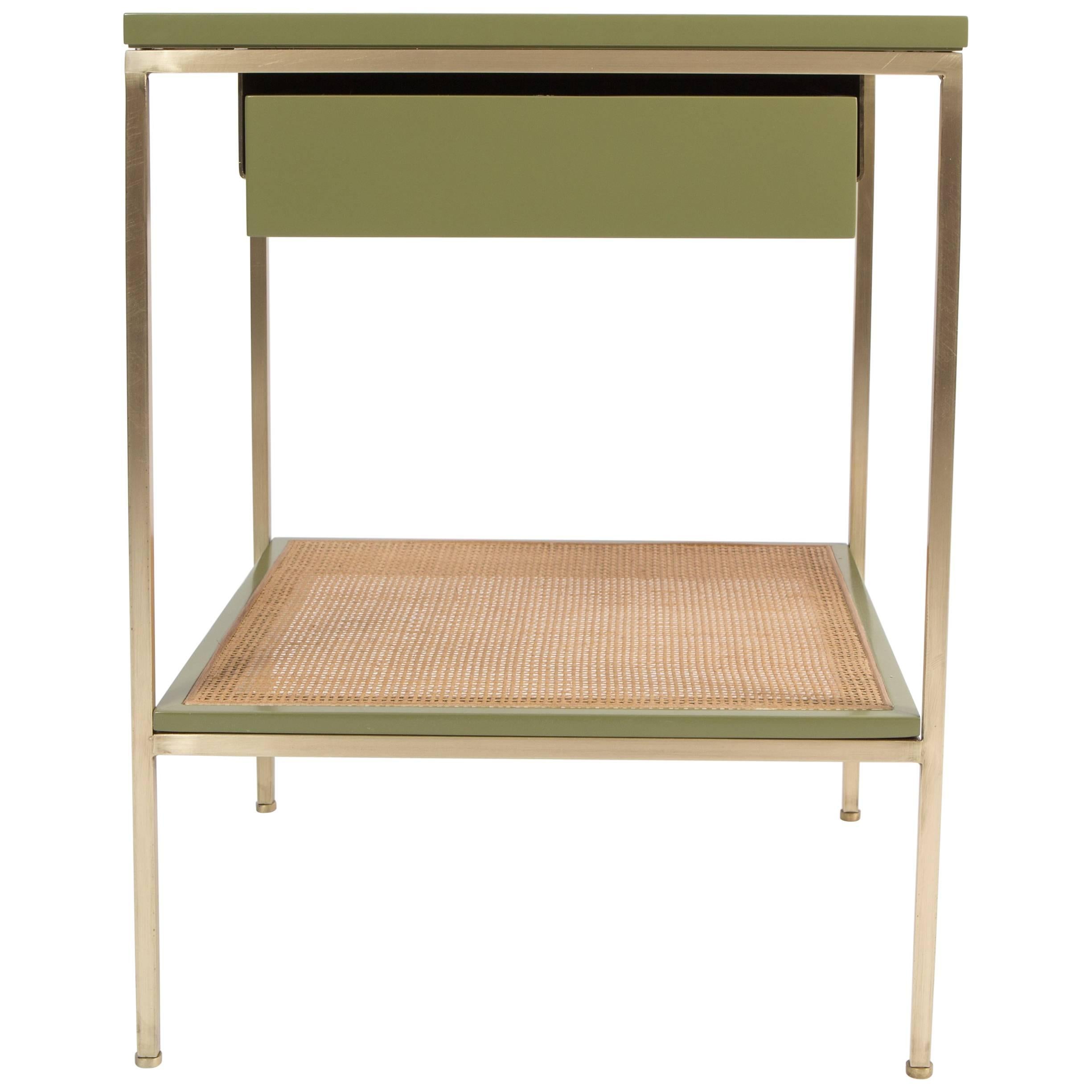Re: 392 Bedside Table in Serpentine Green on Satin Brass frame with Caned shelf