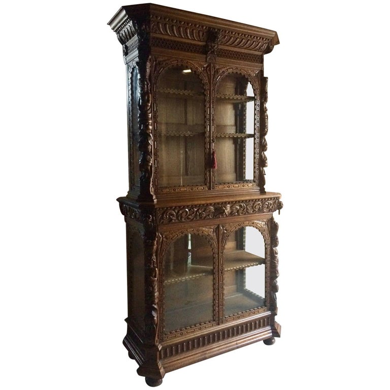 French Oak Display Cabinet Vitrine Carved Victorian Gothic Antique French Oak Display Cabinet Vitrine Carved Victorian Gothic Antique 19th Century For