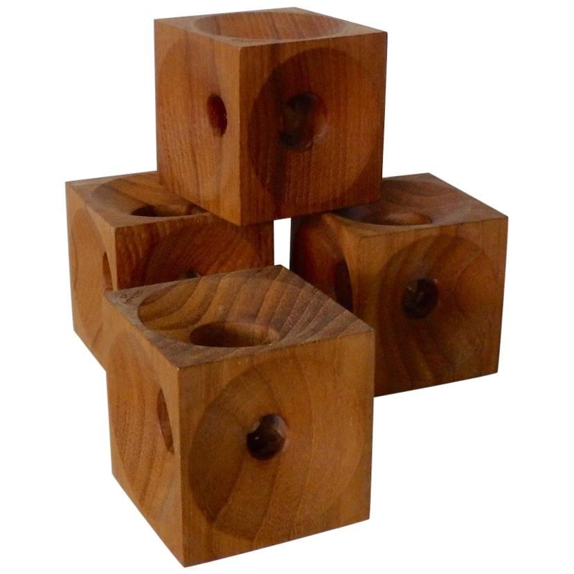 Four Multi Hole Dansk style Teak Candle Stands Marked E.H. Denmark