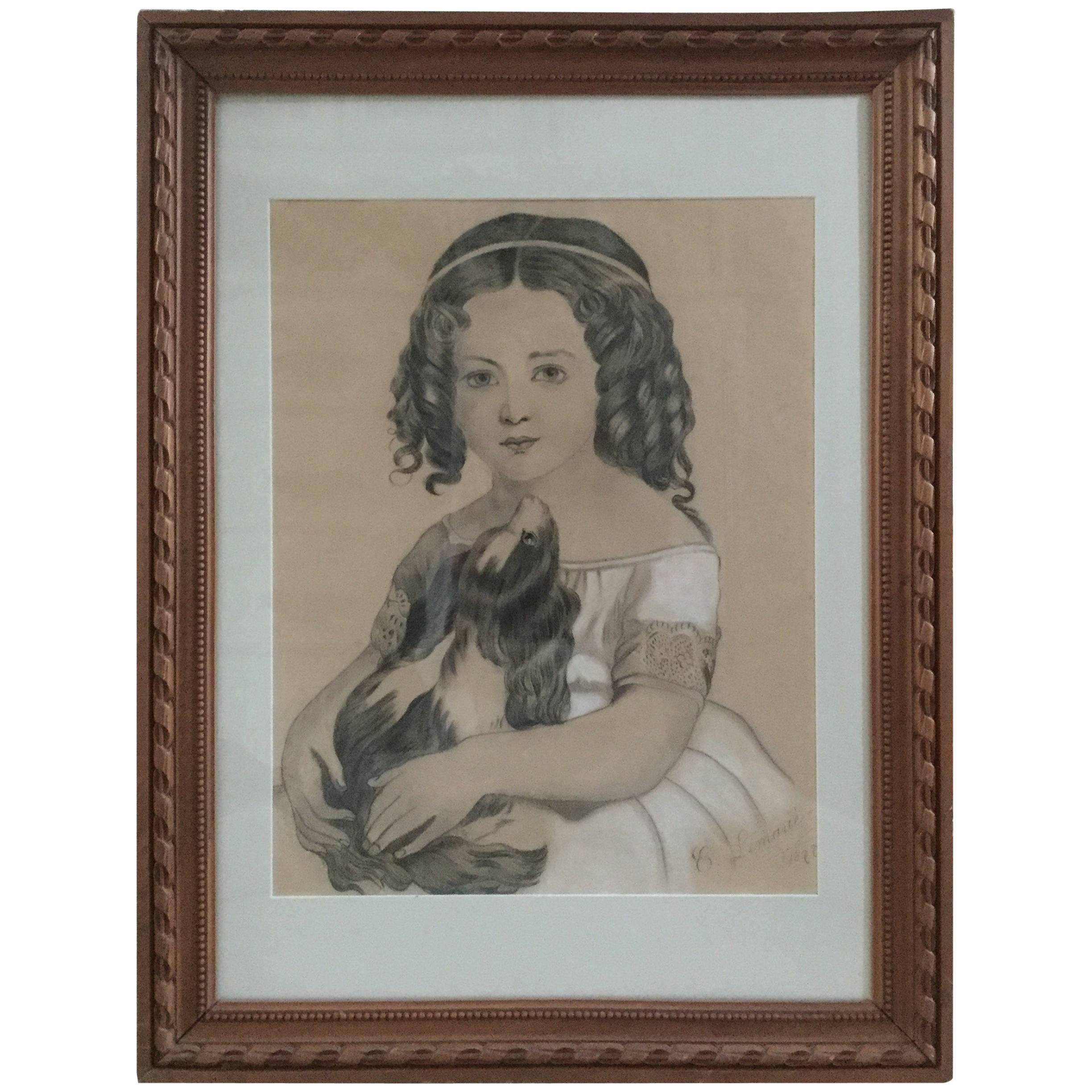 19th Century French Portrait of Young Girl and Dog