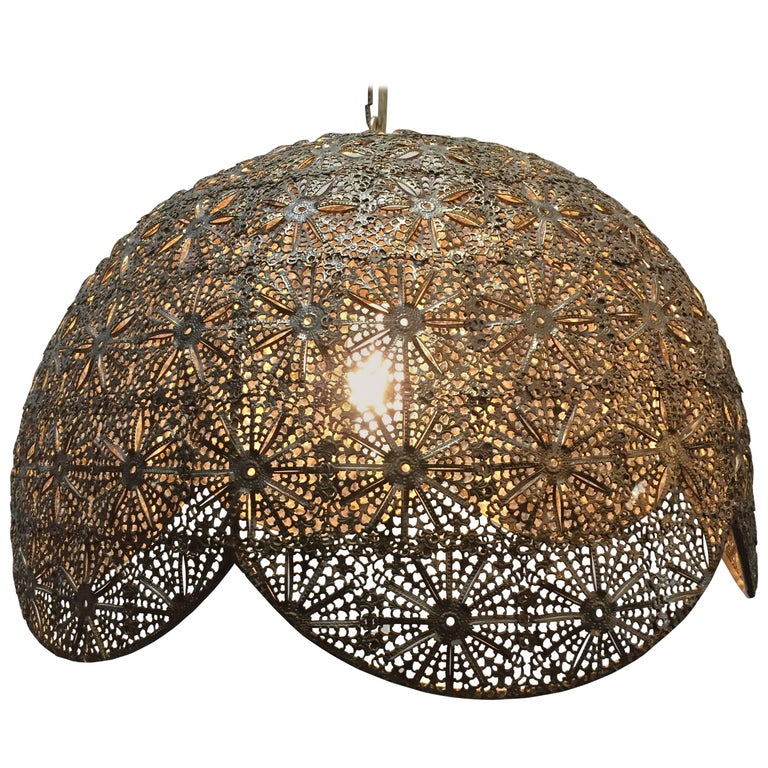 Middle Eastern Large Brass Ottoman Turkish Pierced Hanging Antique Middle Eastern Moorish Pierced Brass Hanging Lamp