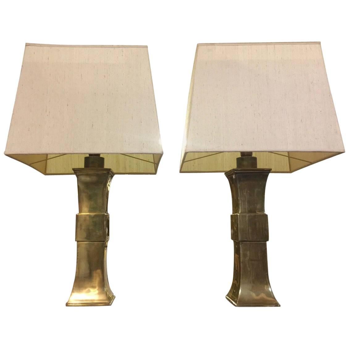 Wonderful French Pair of Huge and Massive Brass Table Lamps with Silk Shades