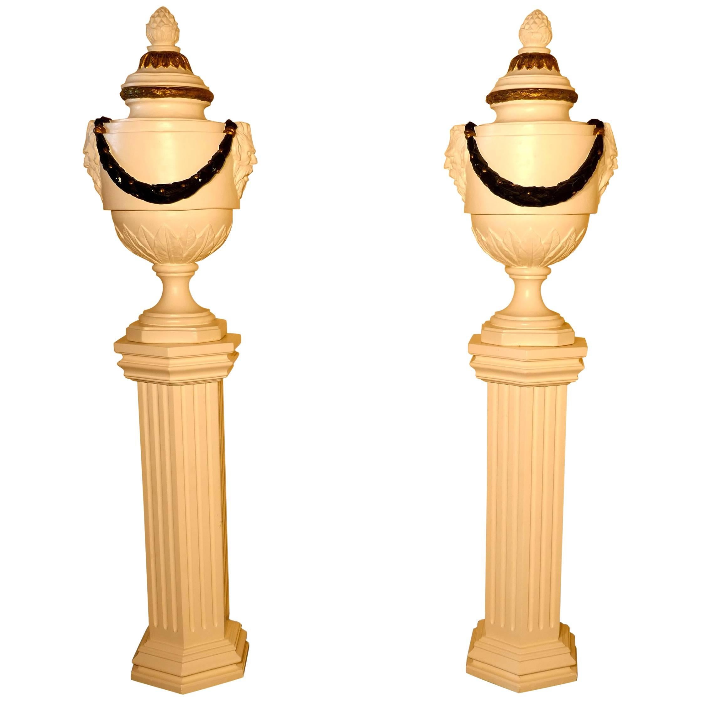 Pair of French Urns Set on Classical Column Pedestals