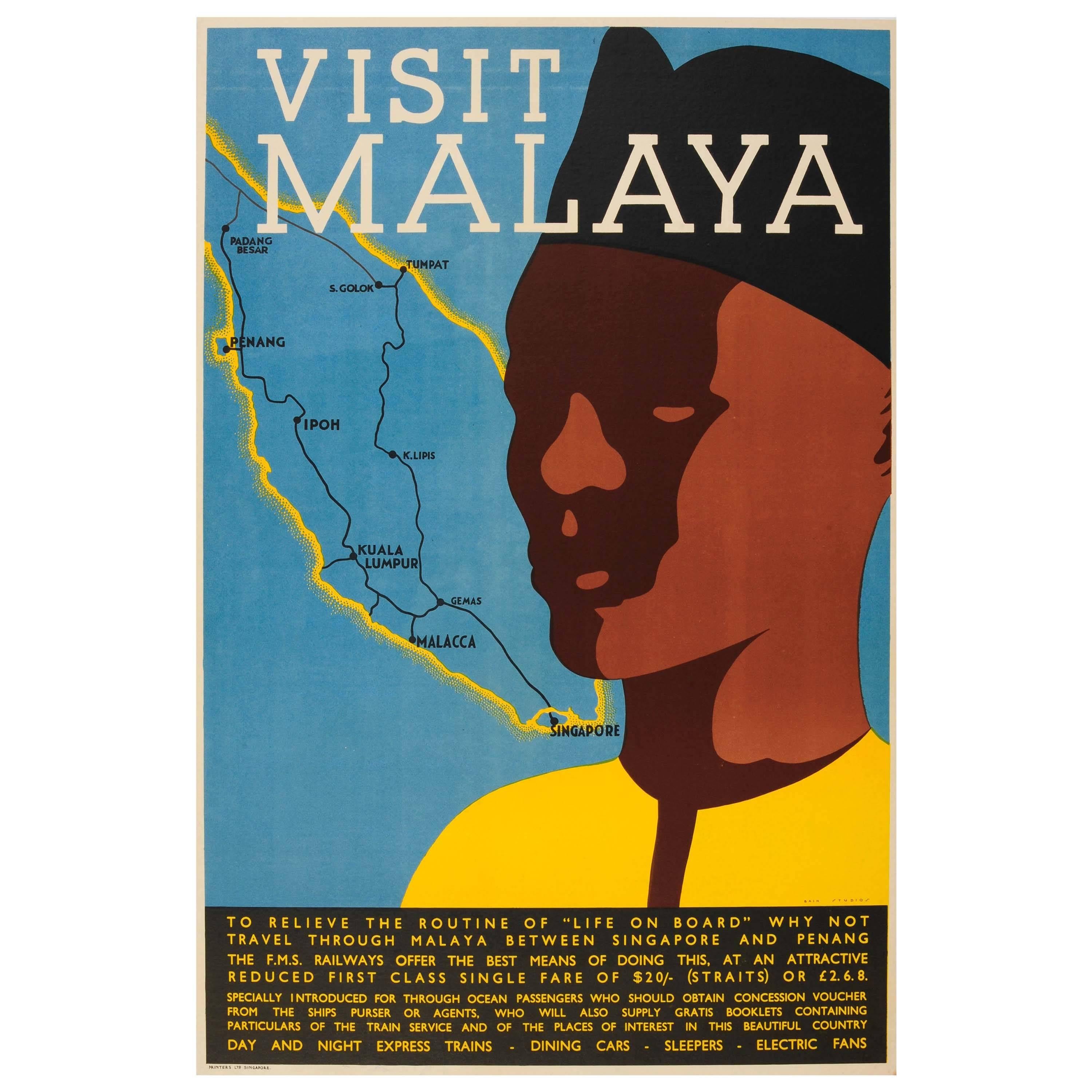 Original FMS Railways Travel Poster for Malaysia and Singapore - Visit Malaya