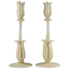 Pair of Barovier Toso Murano Cream and Gold Glass Candlesticks