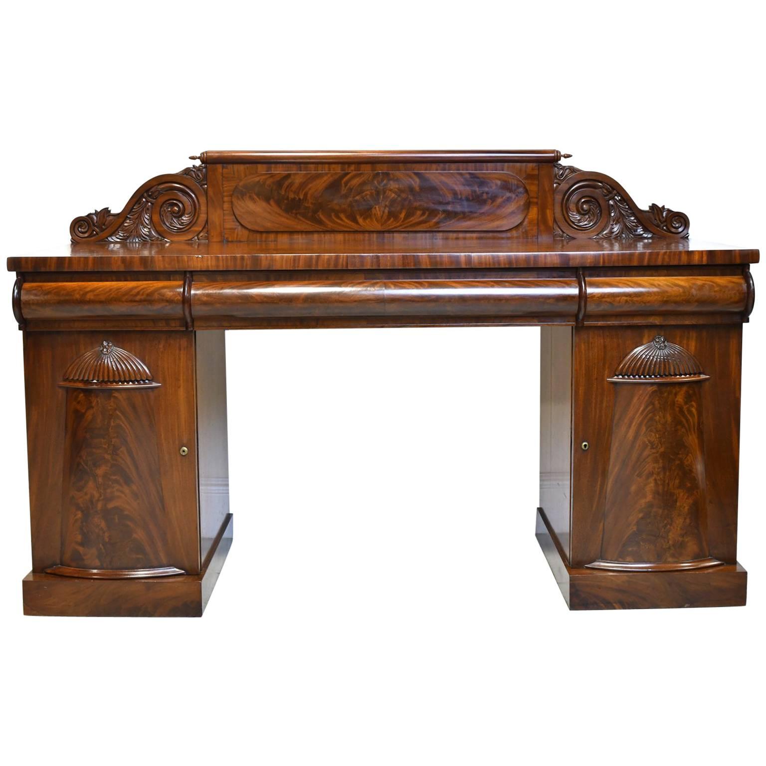 English Regency Pedestal Sideboard in Mahogany with Carved Backboard, circa 1830