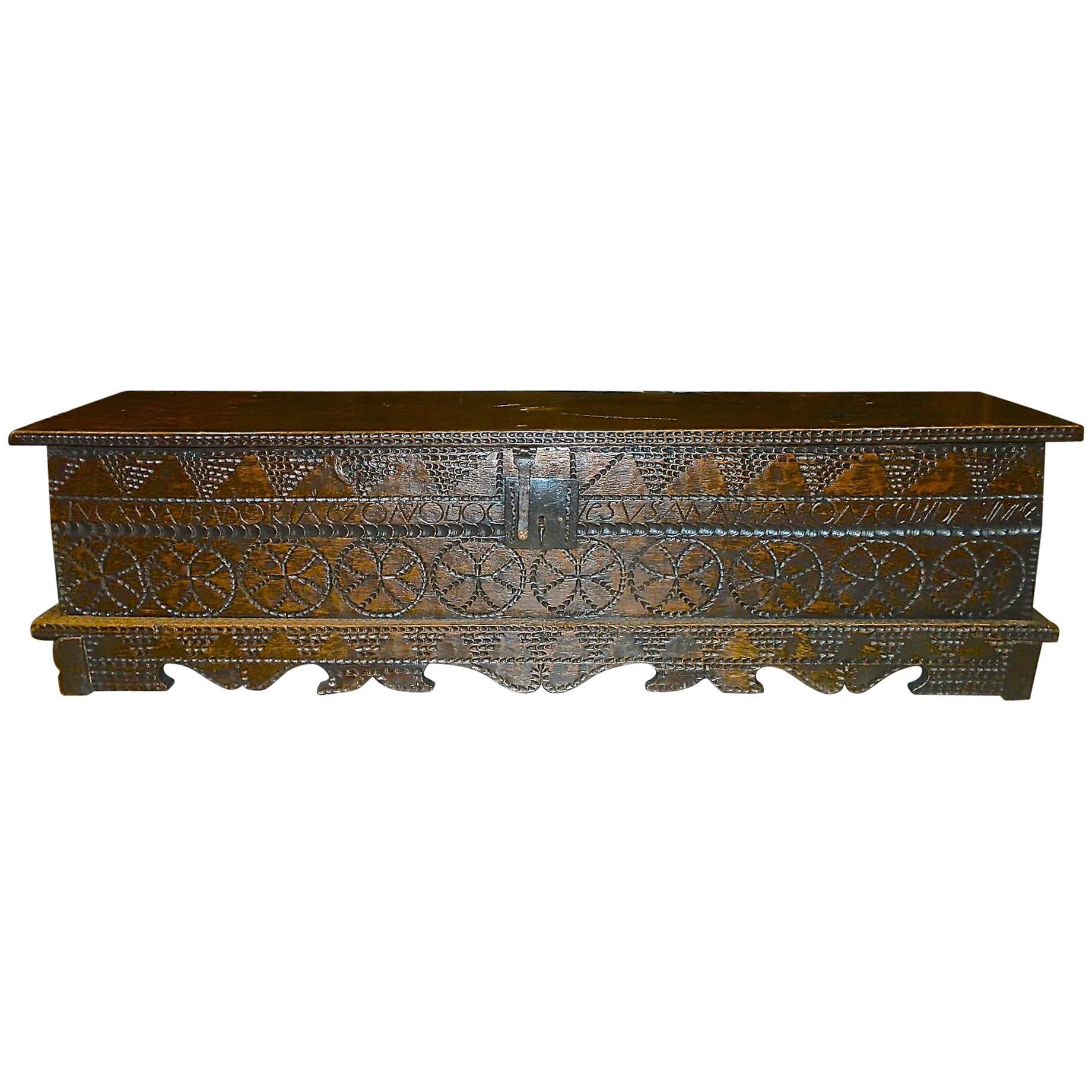 Early 18th Century Carved Oak and Elm Spanish Blanket Chest