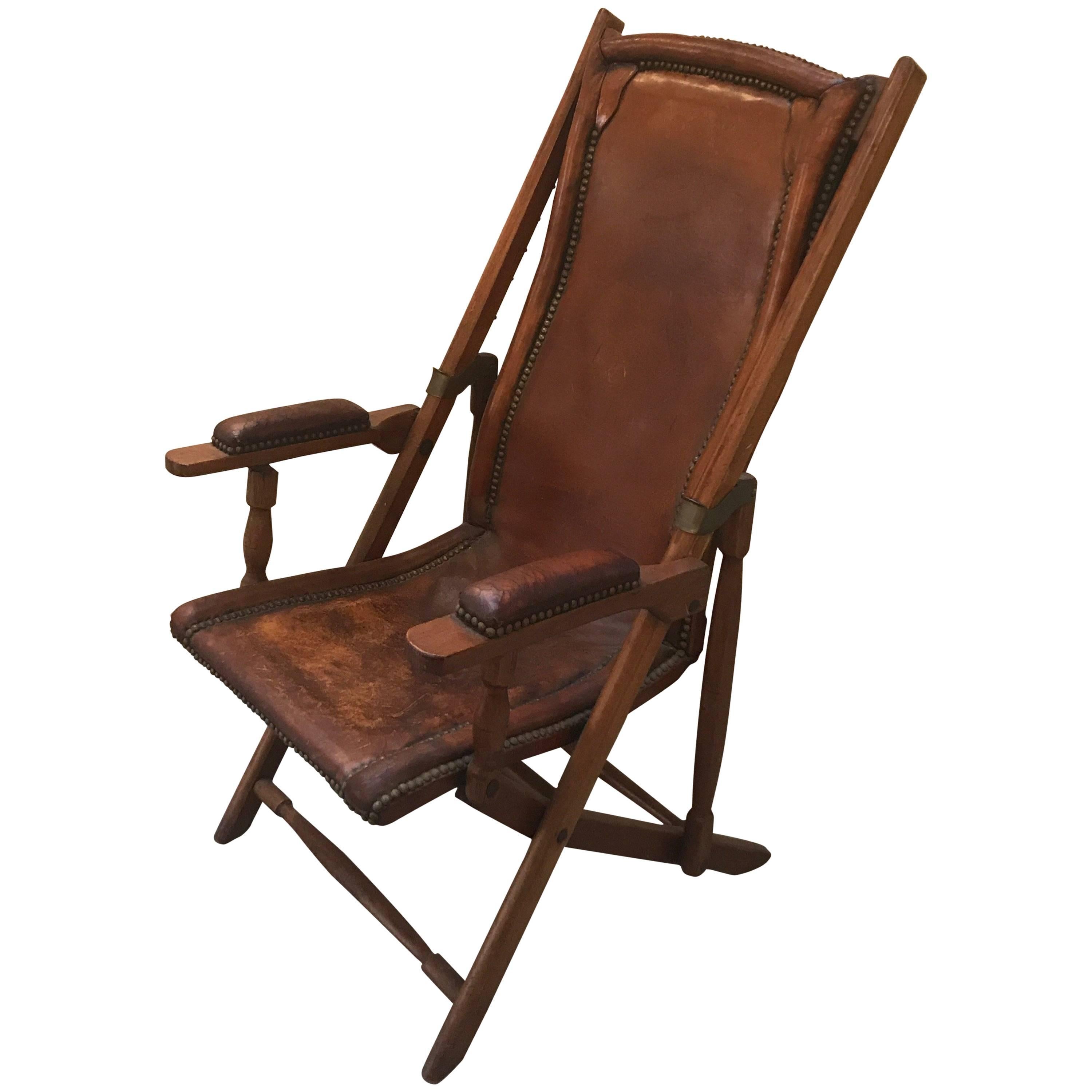 Antique English 19th Century Leather and Mahogany Lounge Campaign Chair