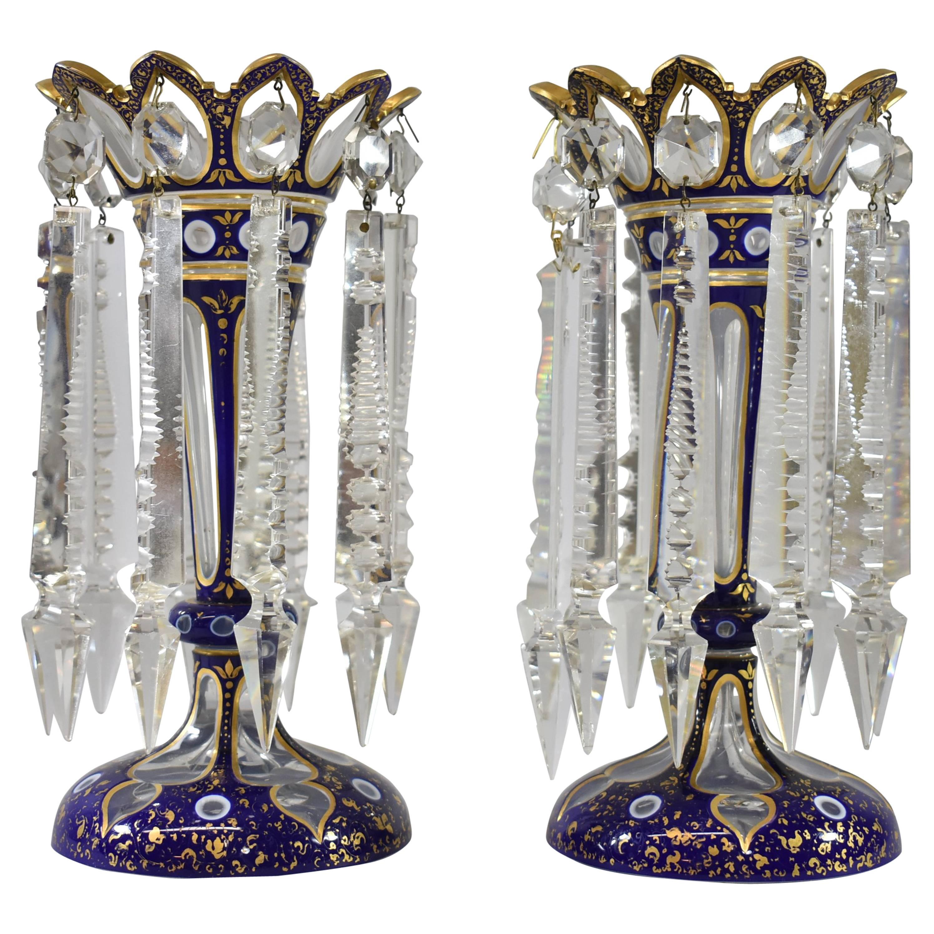 Pair of Cobalt Blue and Gold Moser Bohemian Style Lustre Vases with Crystals