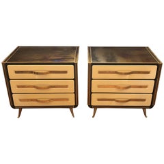 Pair of Mid-Century Modern Off-White Leather and Gold Green Glass Side Tables