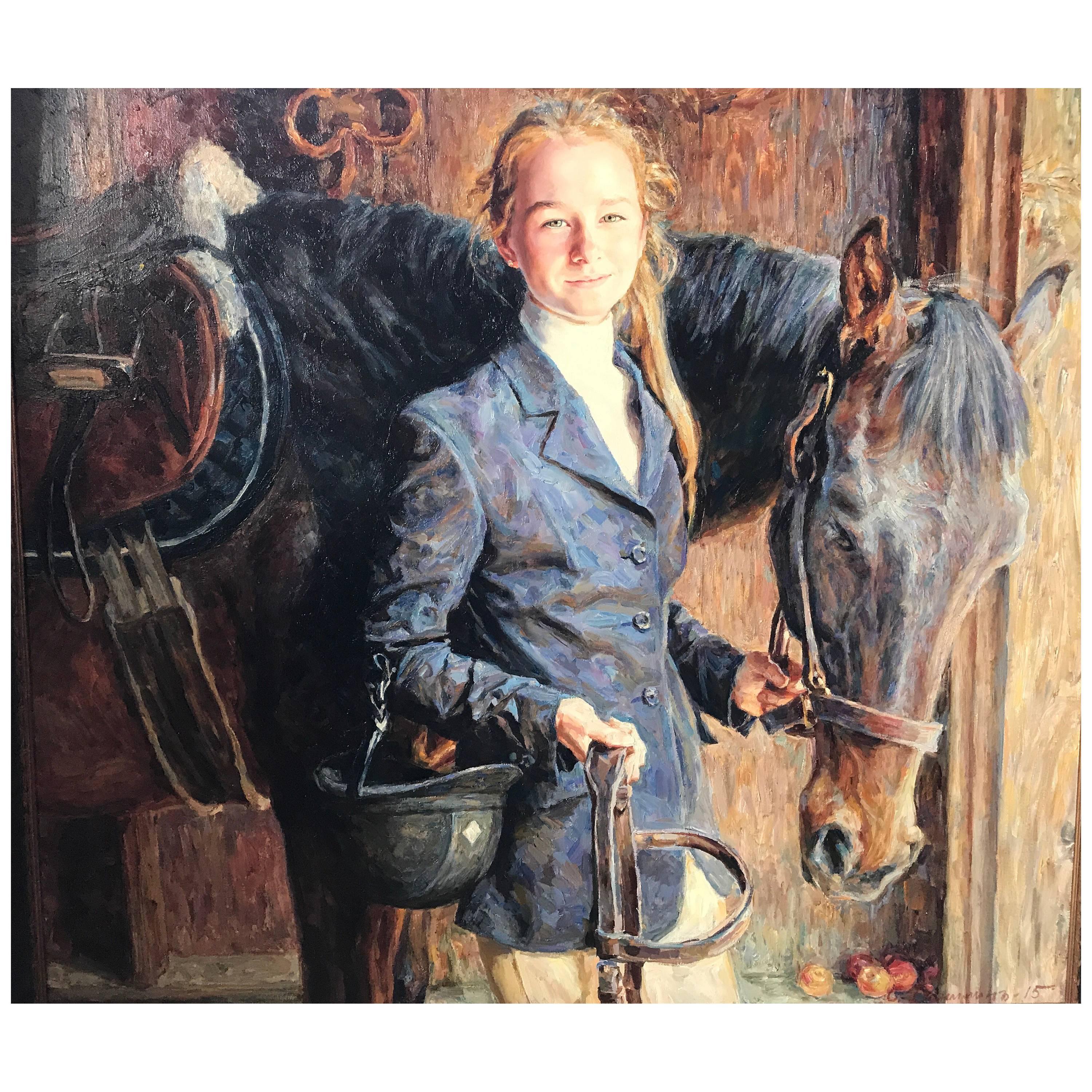 Portrait by Sergei Danilin of Young Girl with Horse