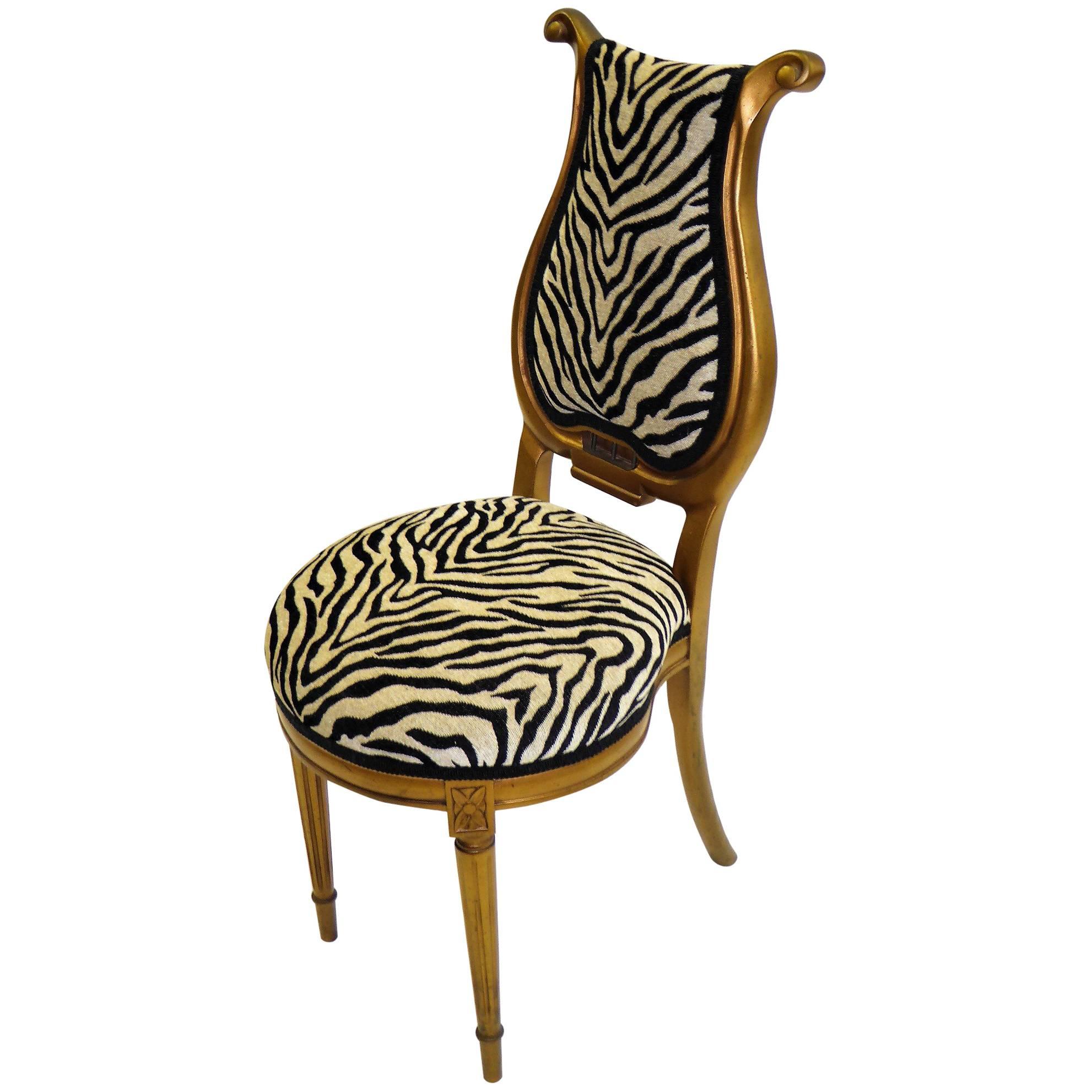 1940s Musical Motif Carved Giltwood Side Chair in Zebra Chenille