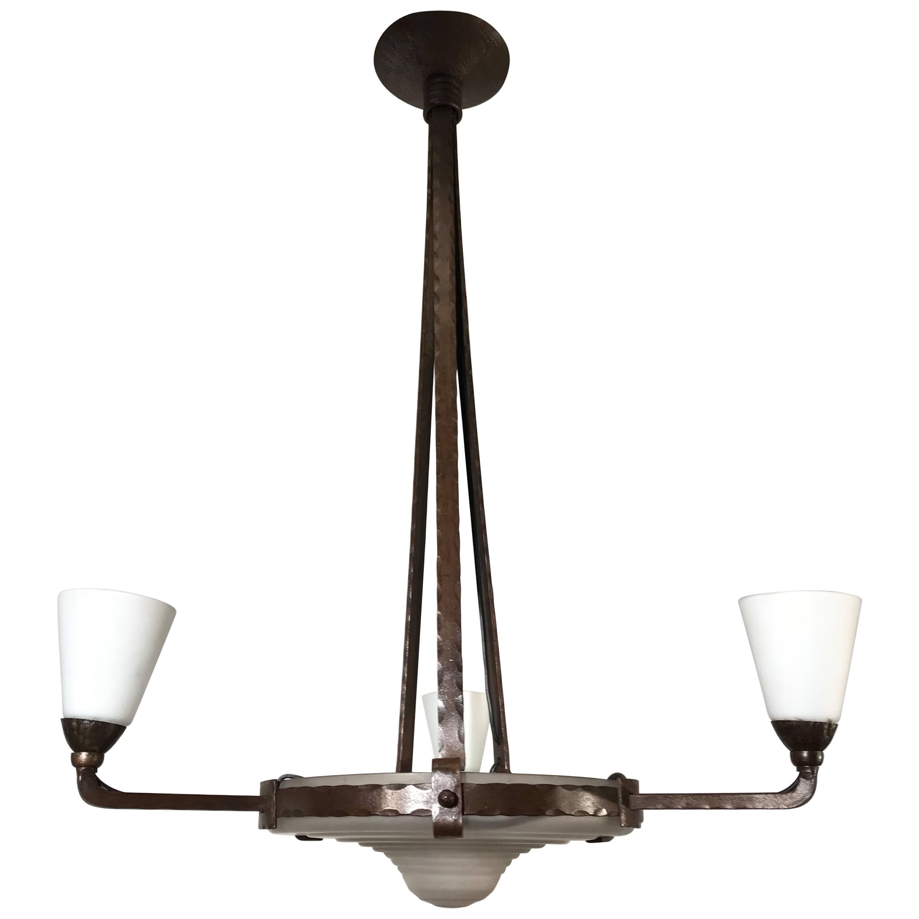 Arts & Crafts Wrought Iron Four-Light Pendant in Style of Raymond Subes