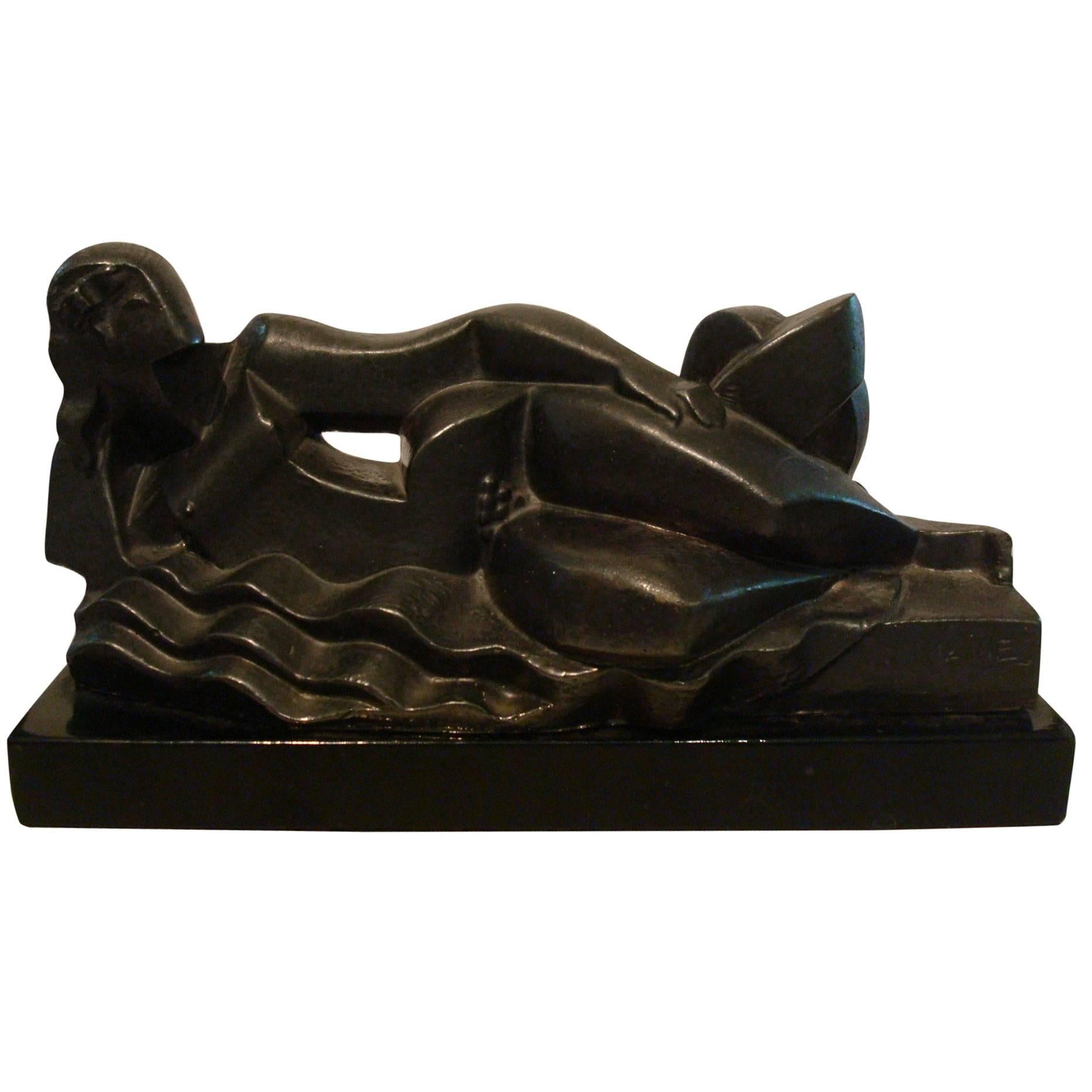 Art Deco, Cubist Lying Women Sculpture by Pablo Curatella Manes, 1920s For Sale